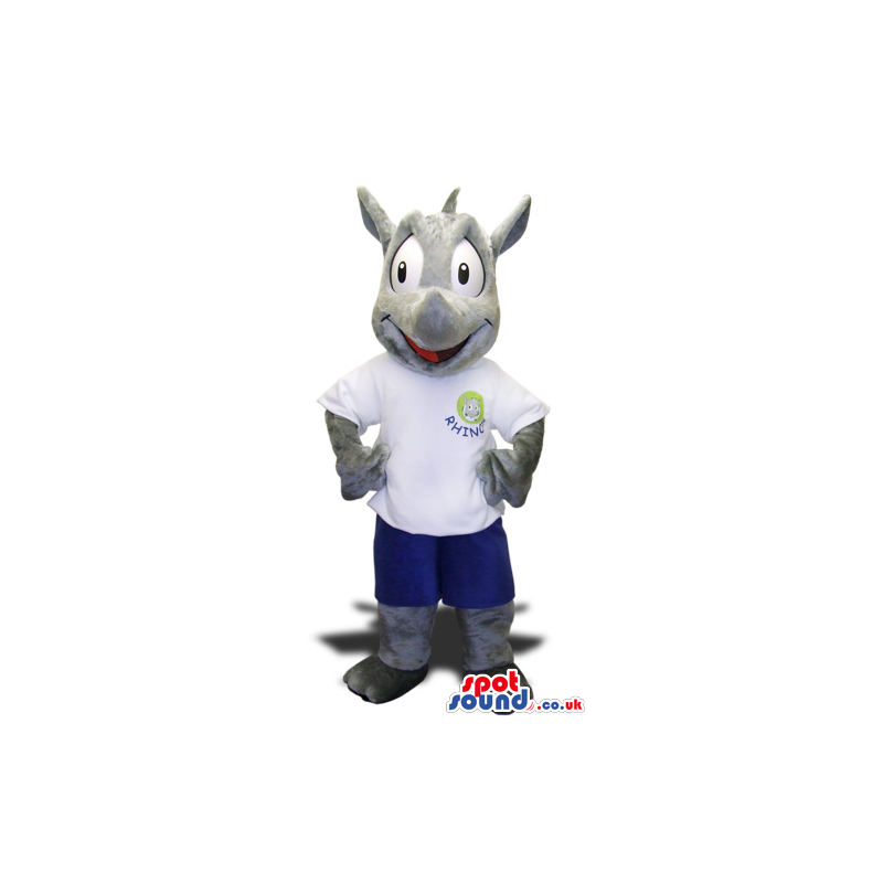 Cute Rhinoceros Animal Plush Mascot Wearing A White Logo