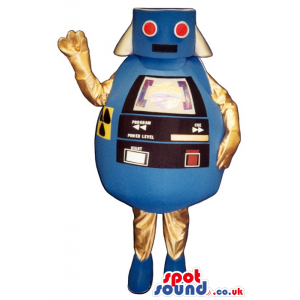 Blue And Golden Round Futuristic Robot Mascot With Red Eyes -