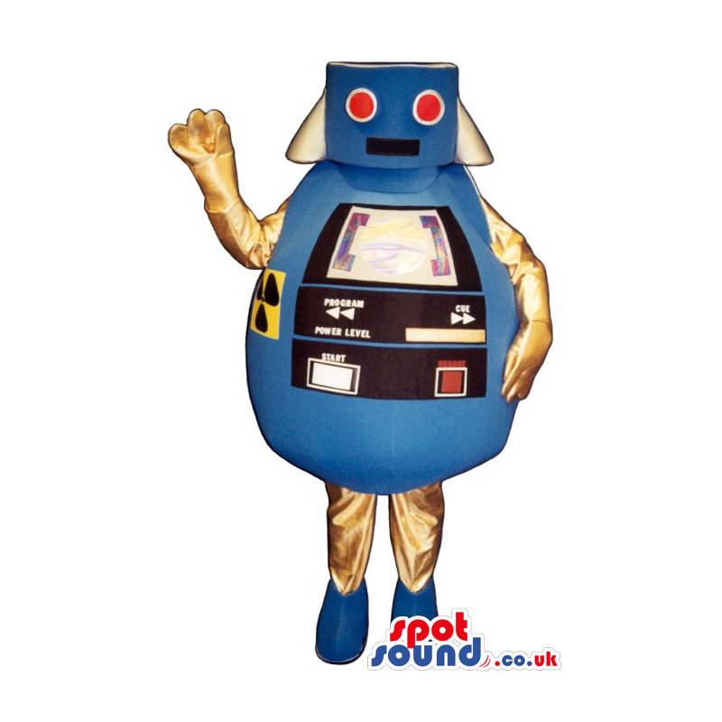 Blue And Golden Round Futuristic Robot Mascot With Red Eyes -