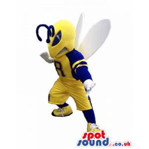 Bee Plush Mascot Wearing Rugby Or Football Garments With A