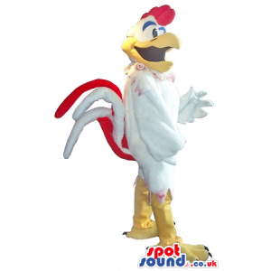 White Chicken Plush Mascot With A Red Comb And Cartoon Face -