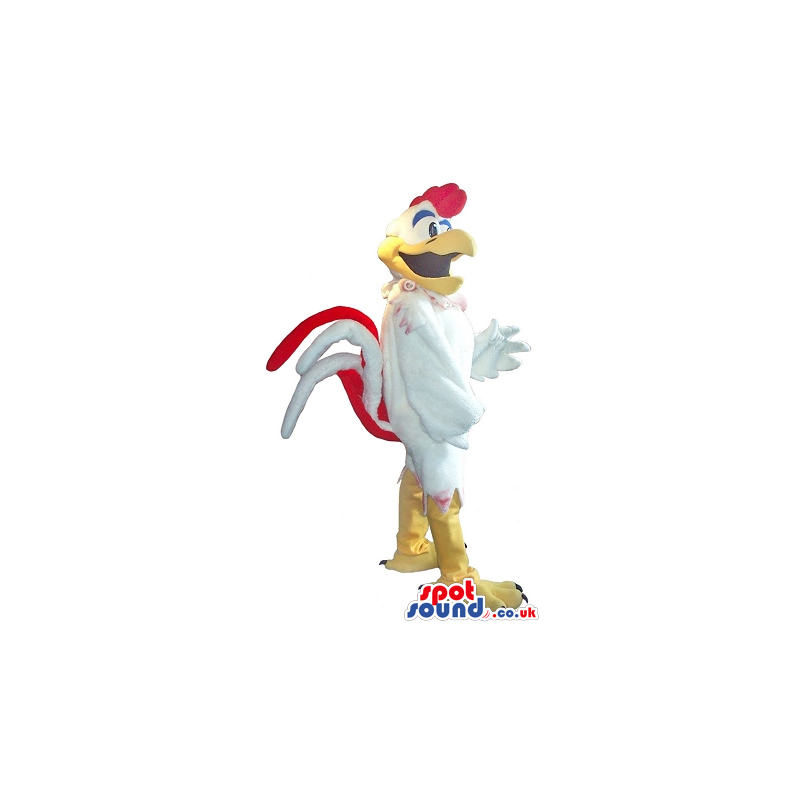 White Chicken Plush Mascot With A Red Comb And Cartoon Face -