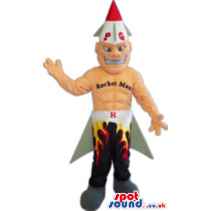 Strong Human Rocket Man Cartoon Super Hero Mascot With Text -