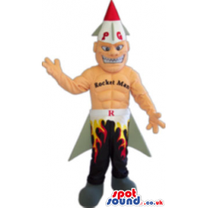 Strong Human Rocket Man Cartoon Super Hero Mascot With Text -