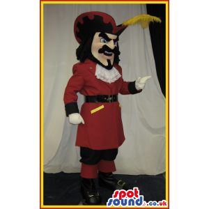 Pirate Human Mascot With A Mustache In Red And Black Garments -