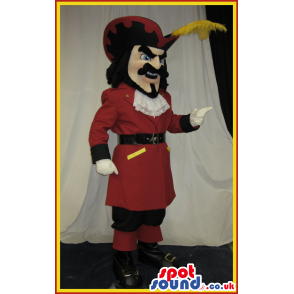 Pirate Human Mascot With A Mustache In Red And Black Garments -