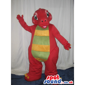 Red Dragon Plush Mascot With A Striped Yellow And Green Belly -