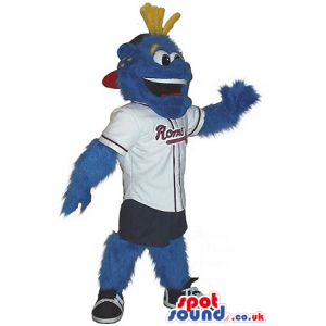 Blue Monster Plush Mascot In Baseball Garments With Team Name -