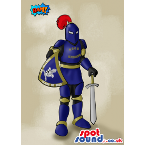 Medieval Warrior Mascot Drawing Wearing A Blue Armor - Custom