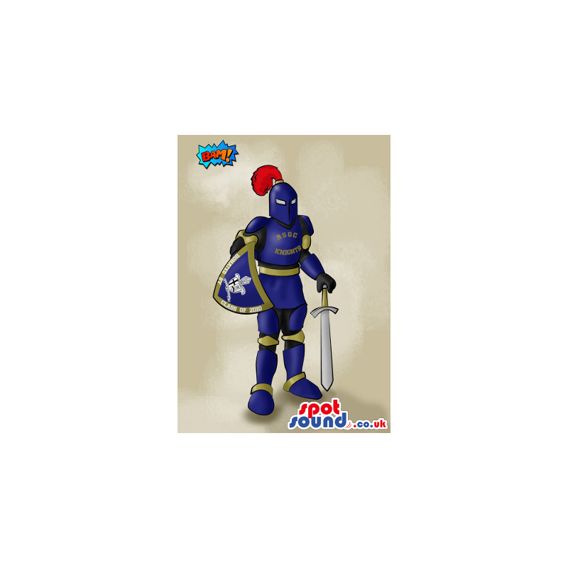 Medieval Warrior Mascot Drawing Wearing A Blue Armor - Custom