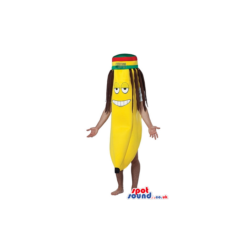 Cool Banana Mascot Wearing A Jamaican Hat And Rasta Dreadlocks