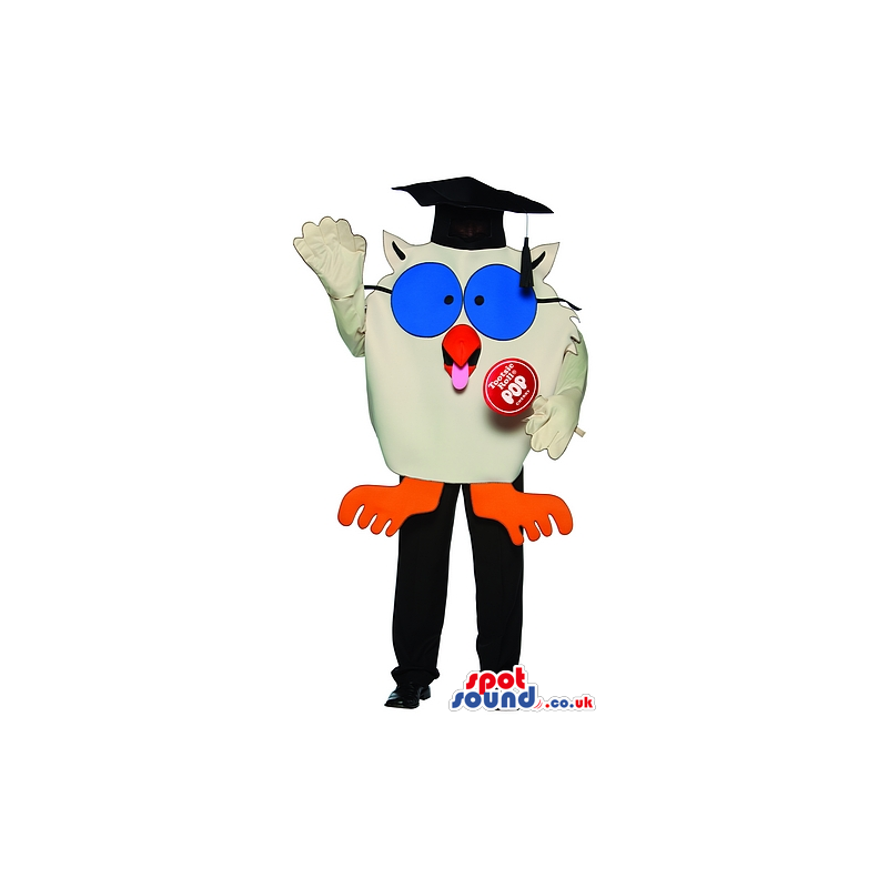 Fantasy White Owl Mascot Wearing A Graduation Hat Holding A