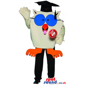 Fantasy White Owl Mascot Wearing A Graduation Hat Holding A