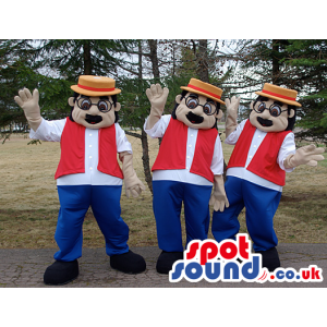 Three identical men mascot wearing hat,glasses and blue