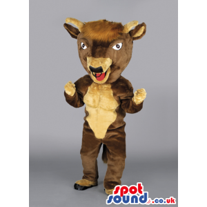 Ecstatic looking brown bull mascot with black bull nose ring -