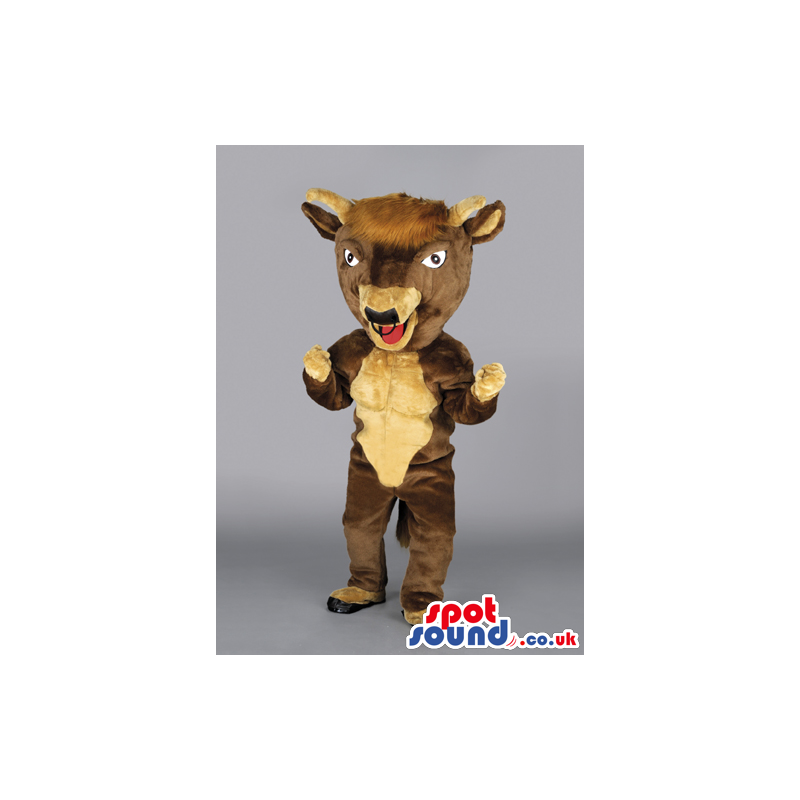 Ecstatic looking brown bull mascot with black bull nose ring -