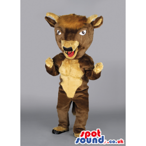 Ecstatic looking brown bull mascot with black bull nose ring -