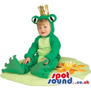 Cute Green Frog Prince Baby Size Plush Costume With A Crown -