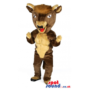 Ecstatic looking brown bull mascot with black bull nose ring -