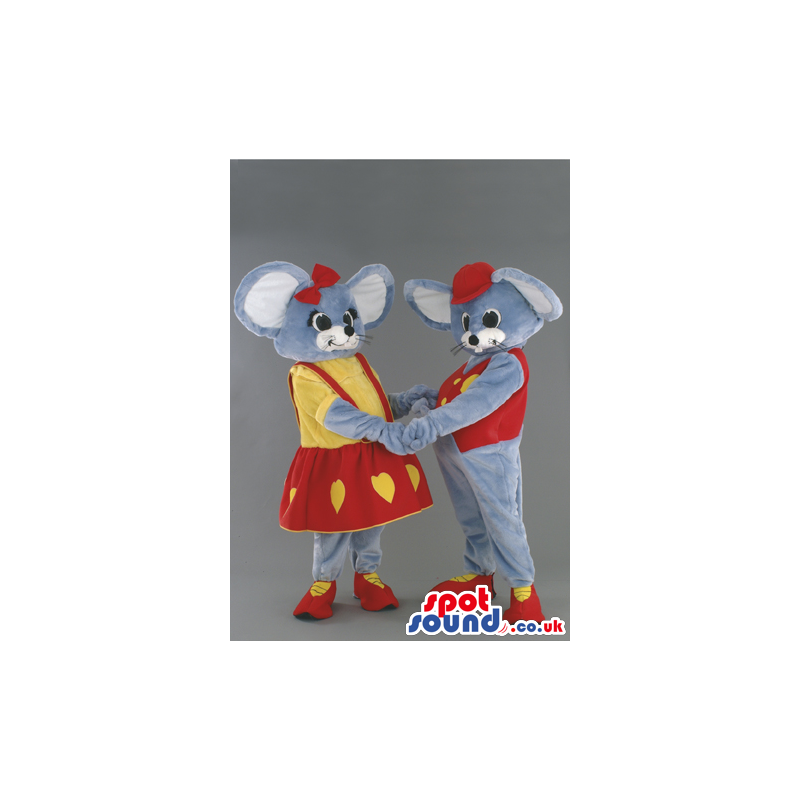 Male and female mouse mascots wearing matching colored clothes