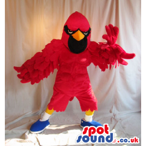 Red Bird Plush Mascot With A Black Face Wearing Sneakers -