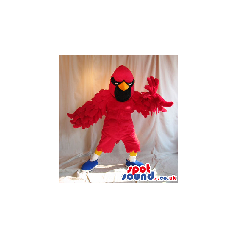 Red Bird Plush Mascot With A Black Face Wearing Sneakers -