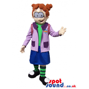 Cartoon Girl Mascot Wearing School Clothes And Gadgets - Custom