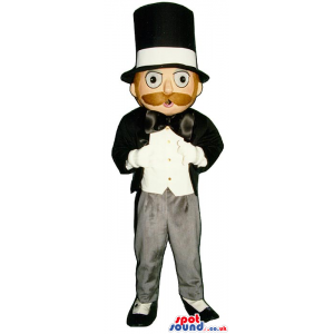 Man Mascot With A Brown Mustache Wearing A Suit And Hat -