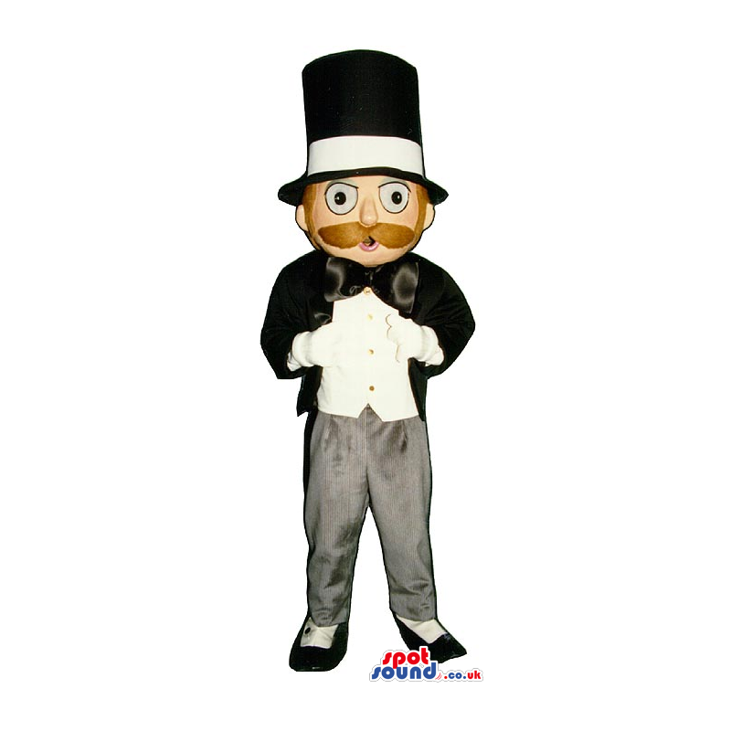 Man Mascot With A Brown Mustache Wearing A Suit And Hat -