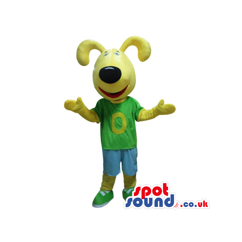 Yellow Bunny Mascot With A Black Nose Wearing A Logo T-Shirt -