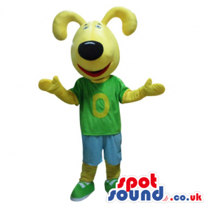 Yellow Bunny Mascot With A Black Nose Wearing A Logo T-Shirt -