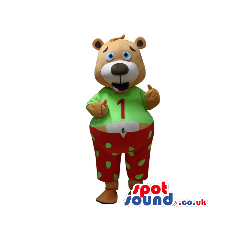 Cute Brown Teddy Bear Mascot Wearing Pajamas With A Number -