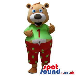 Cute Brown Teddy Bear Mascot Wearing Pajamas With A Number -