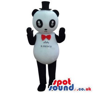 Panda Bear Mascot Wearing A Red Bow Tie And Small Top Hat -