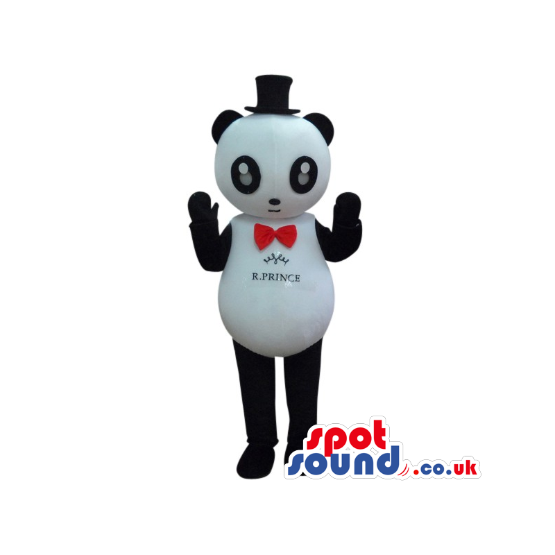 Panda Bear Mascot Wearing A Red Bow Tie And Small Top Hat -
