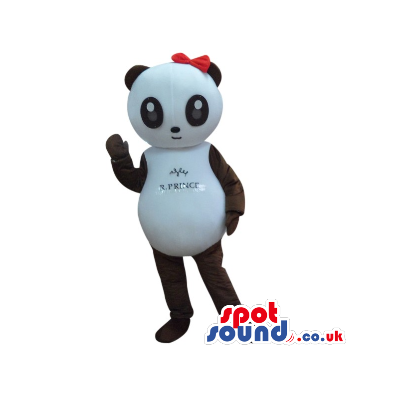 Cute Panda Bear Girl Mascot With Text Wearing A Red Ribbon -