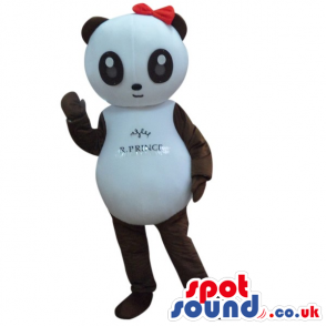Cute Panda Bear Girl Mascot With Text Wearing A Red Ribbon -