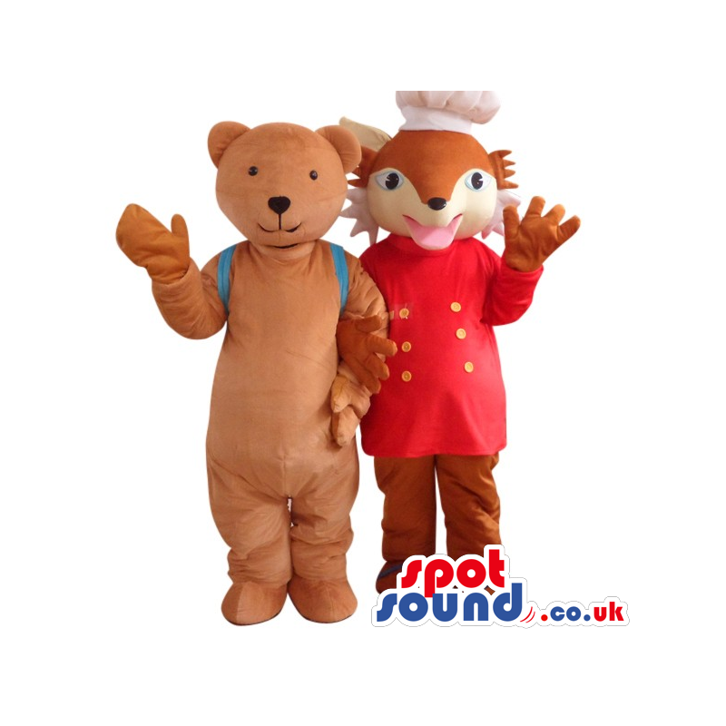 Cute Brown Teddy Bear With A Backpack And Chef Fox Mascot