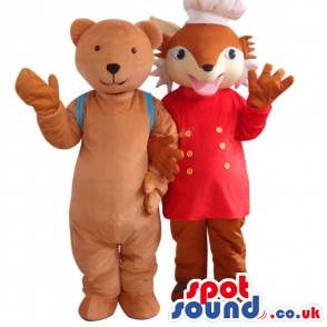 Cute Brown Teddy Bear With A Backpack And Chef Fox Mascot