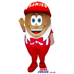 Brown Mascot With Cartoon Eyes Wearing A Red And White Clothes