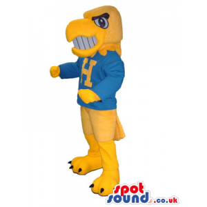 Flashy Yellow Plush Eagle Mascot Wearing Blue Shirt With A