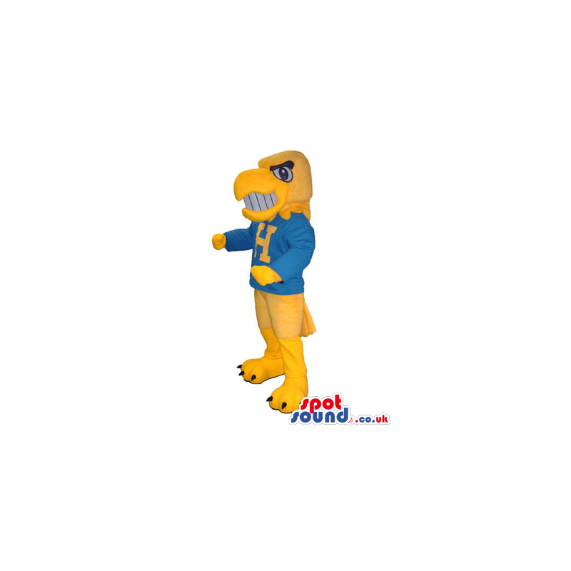 Flashy Yellow Plush Eagle Mascot Wearing Blue Shirt With A