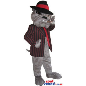 Bulldog Plush Mascot Wearing Gangster Clothes Smoking A Cigar -