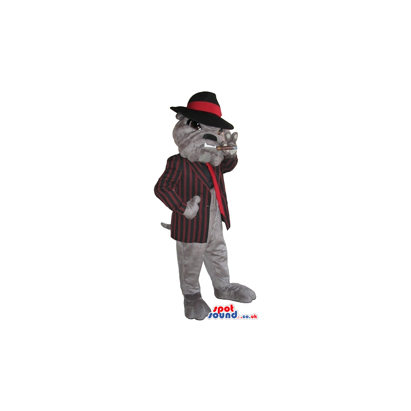 Bulldog Plush Mascot Wearing Gangster Clothes Smoking A Cigar -