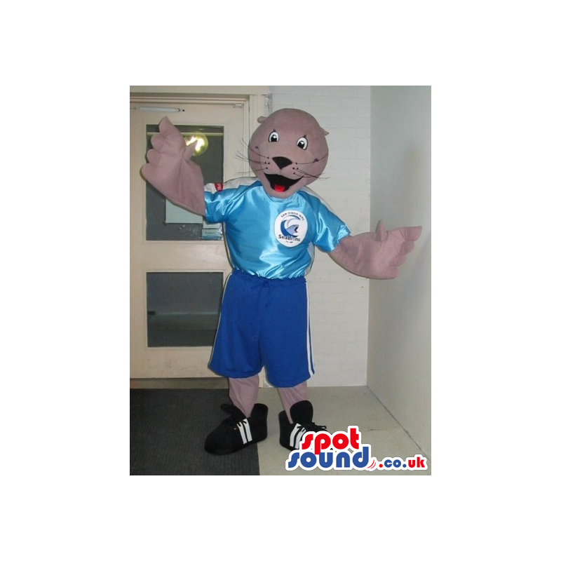 Seal Plush Mascot Wearing Blue Soccer Player Clothes With A