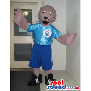 Seal Plush Mascot Wearing Blue Soccer Player Clothes With A