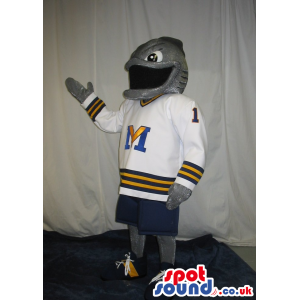 Grey Fish Mascot Wearing Rugby Player Clothes With Team Logo -