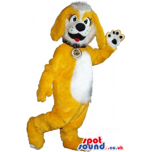 Yellow Hairy Dog Plush Mascot With A White Belly And A Collar -