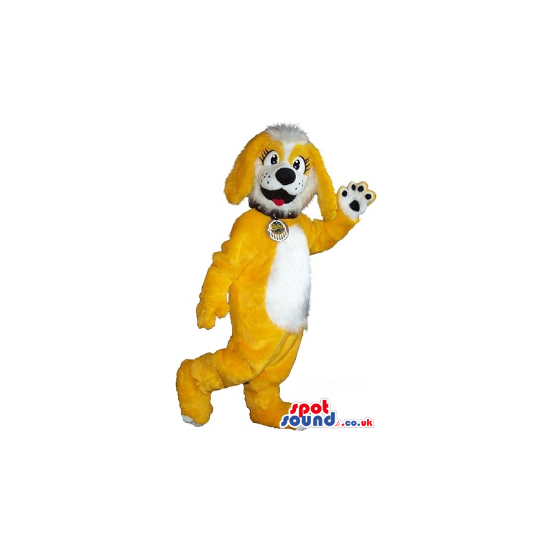Yellow Hairy Dog Plush Mascot With A White Belly And A Collar -
