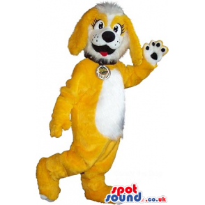 Yellow Hairy Dog Plush Mascot With A White Belly And A Collar -